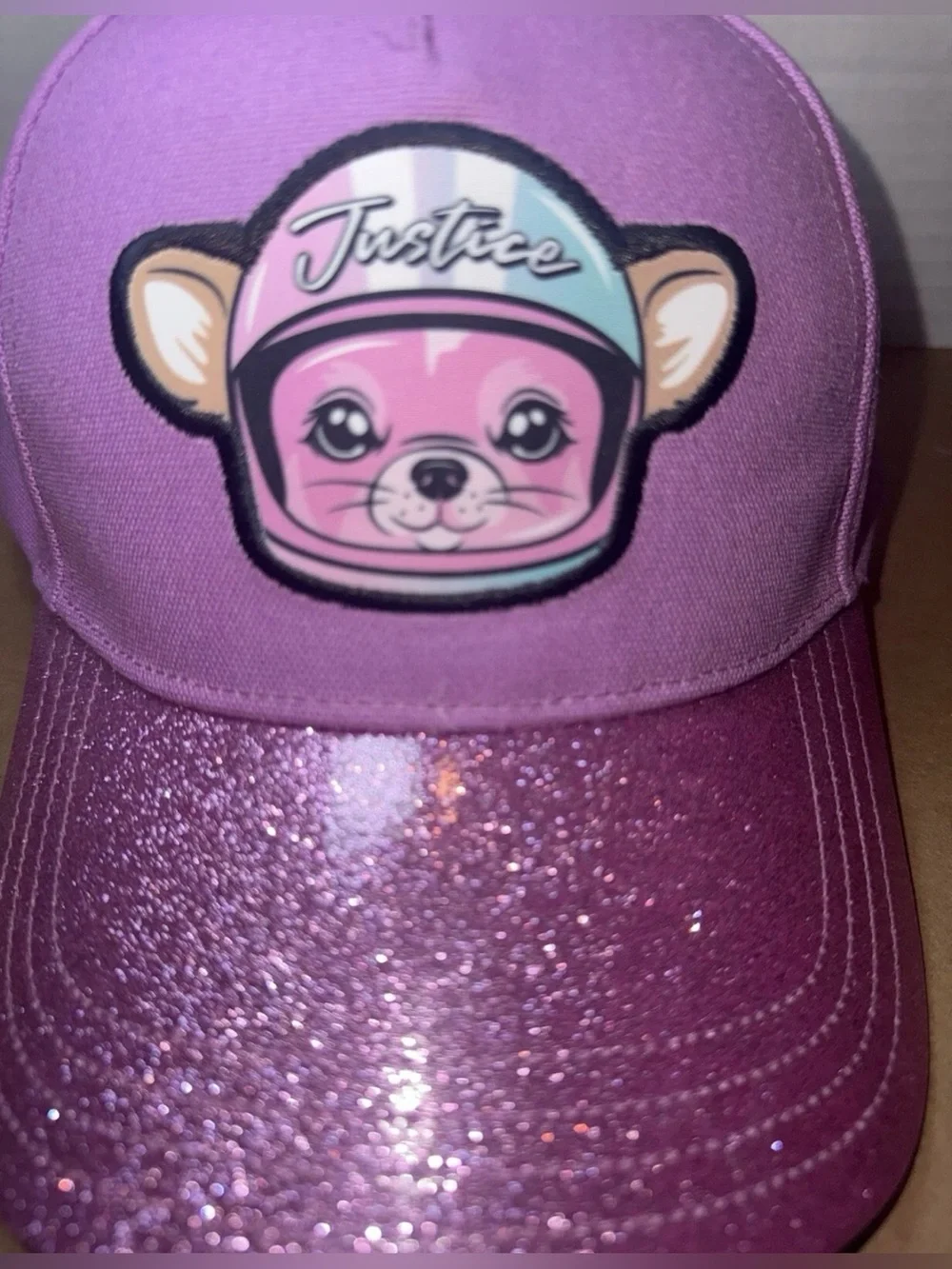 Justice Kids Purple Glitter Baseball Hat with Animal Patch